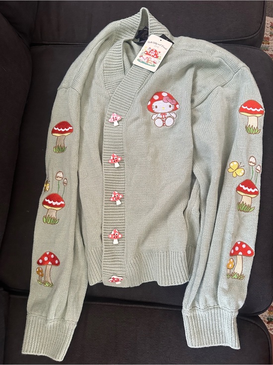 Hello Kitty Sweaters - Hello Kitty Light Mint Cardigan with Mushroom Appliqués